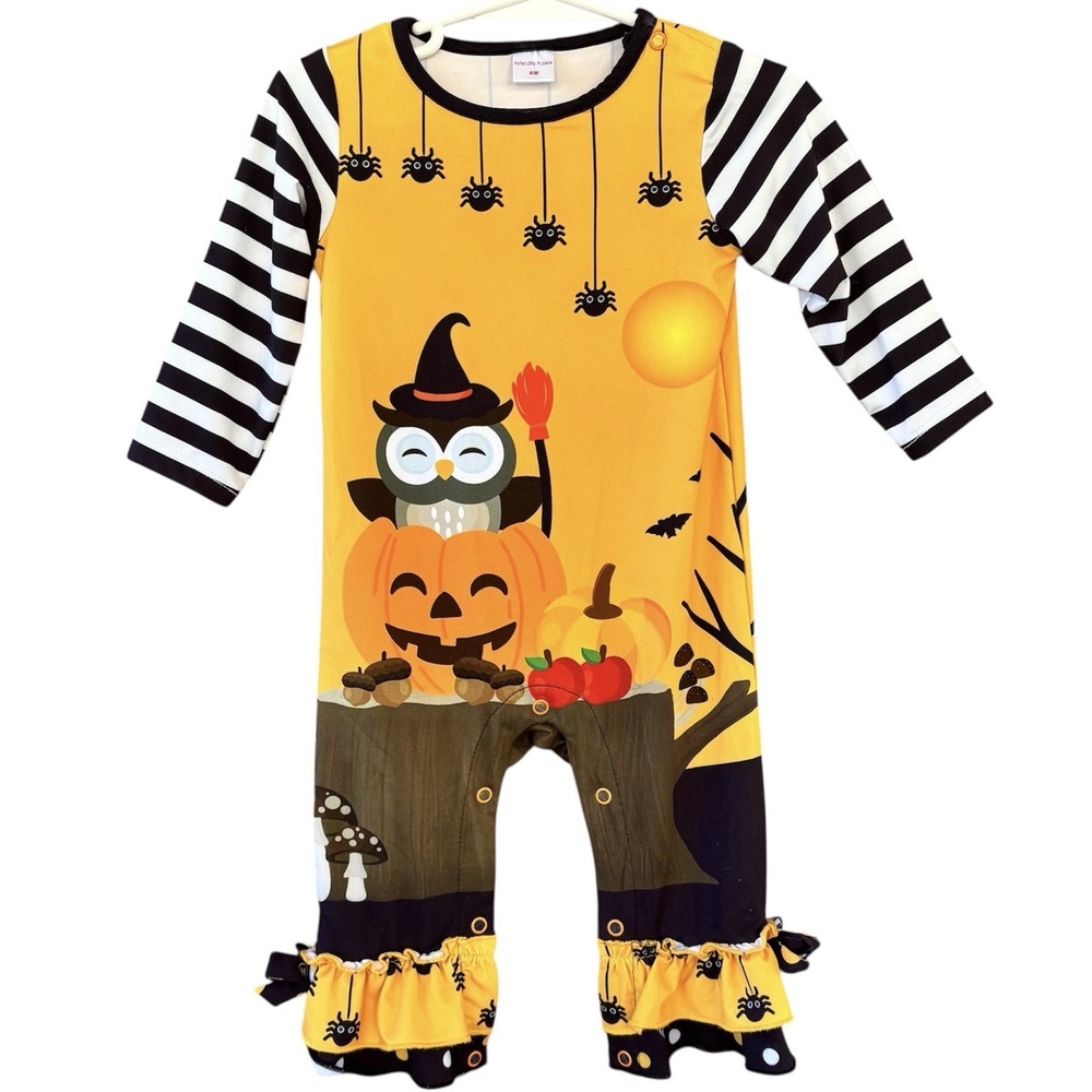 Penelope Plumm Baby Girl Halloween Owl‎ Pumkin Snap One Piece Outfit 6M Ruffles